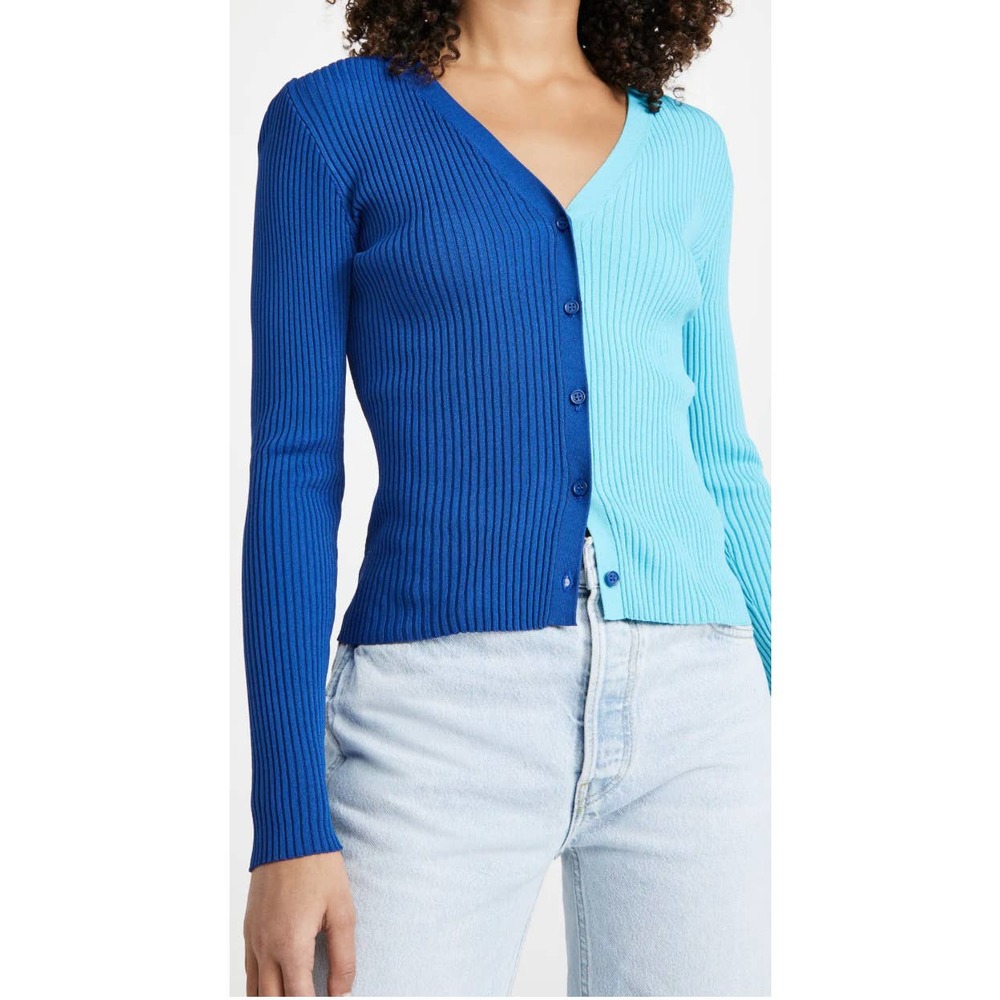 STAUD Two-Tone Blue Ribbed V-Neck Cardigan